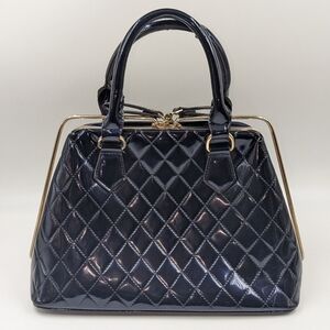 Blue Quilted Patent Leather Gold Metal Purse